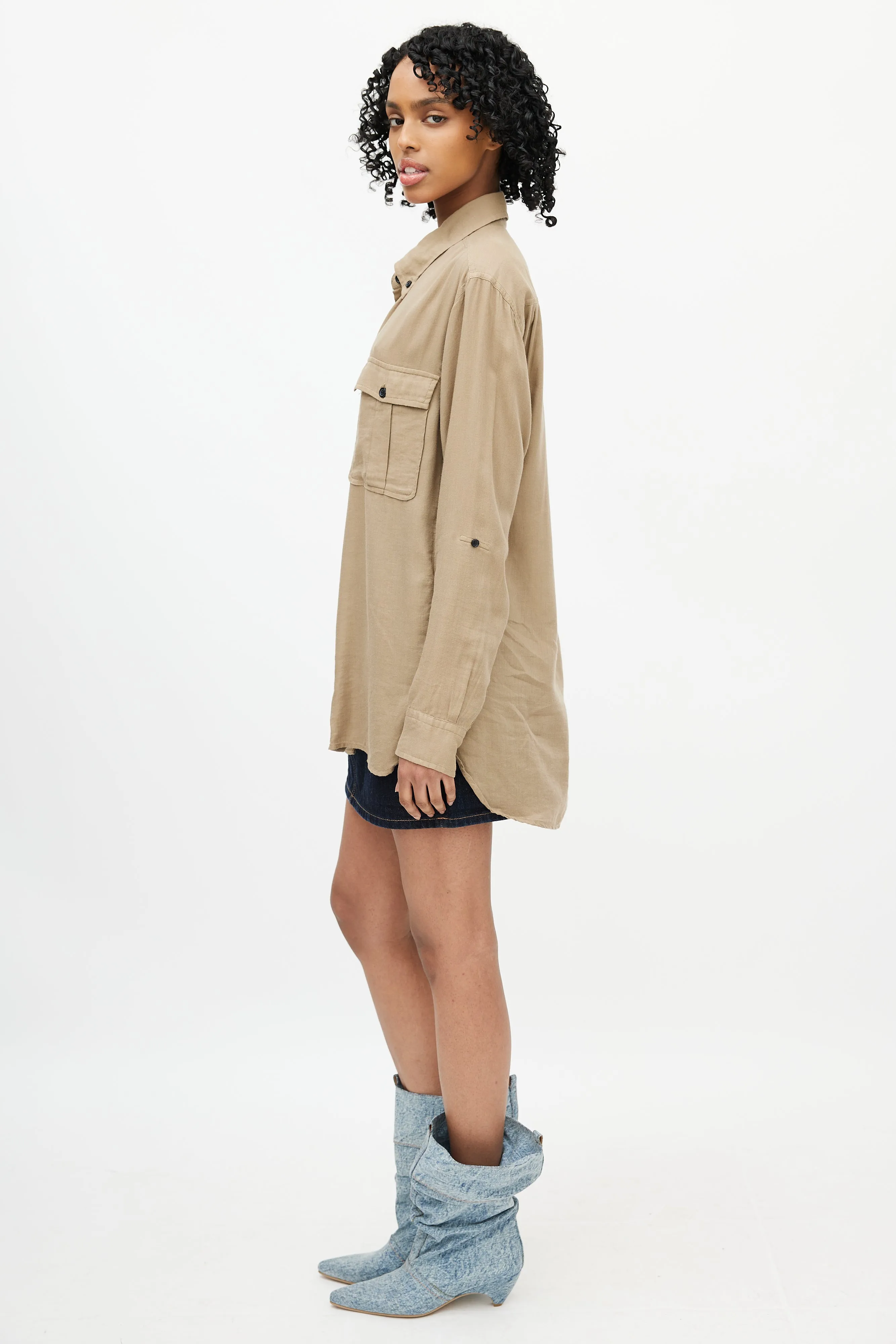 Beige Cargo Button Down Shirt