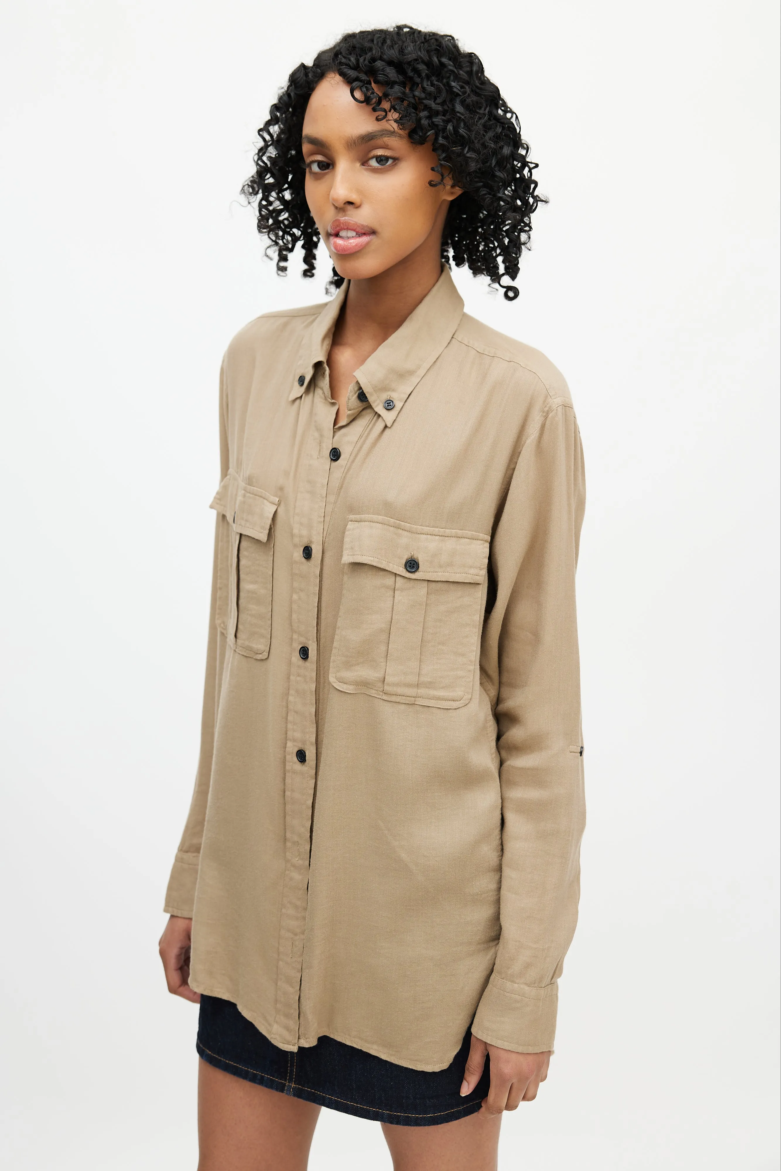 Beige Cargo Button Down Shirt
