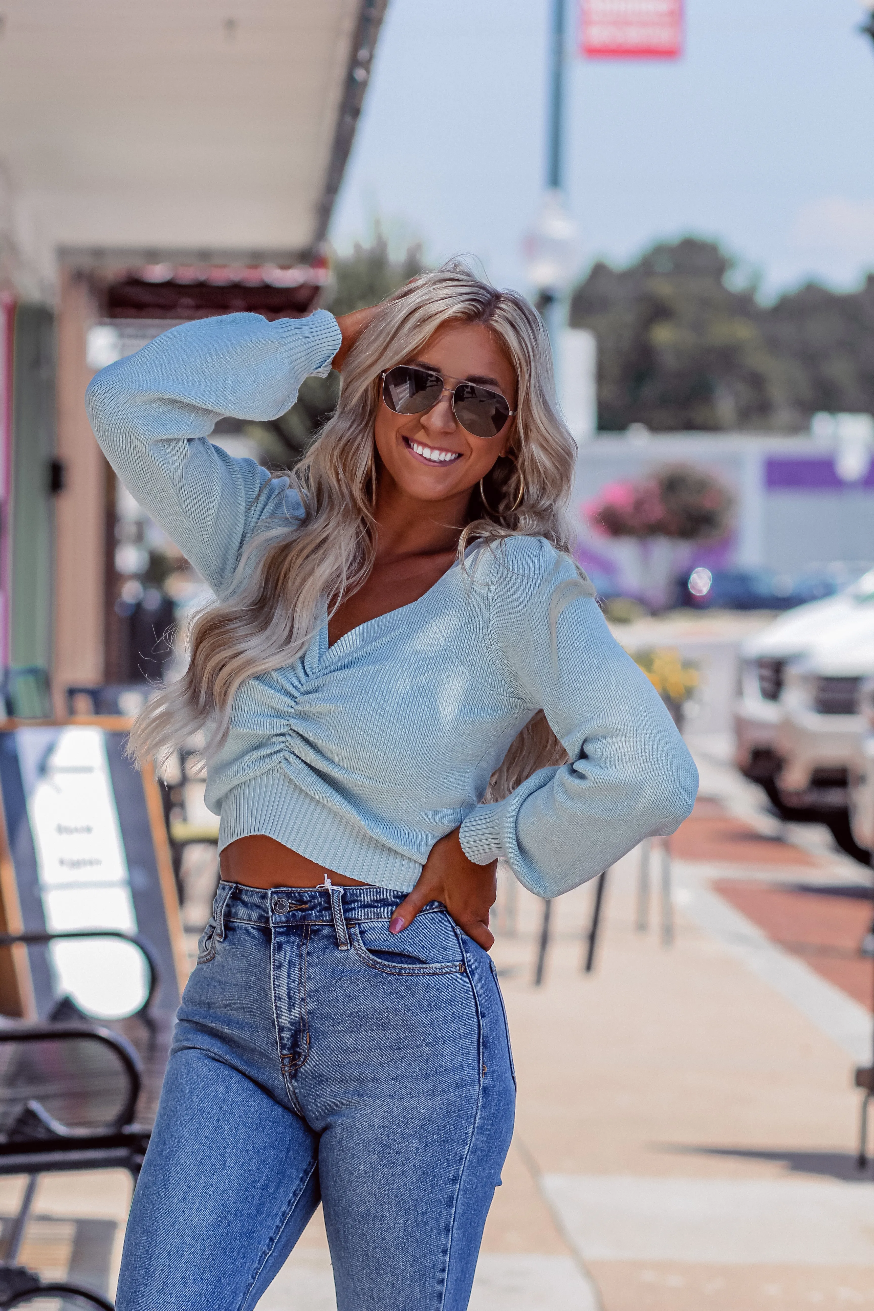 Light Blue Ruched Sweetheart Sweater
