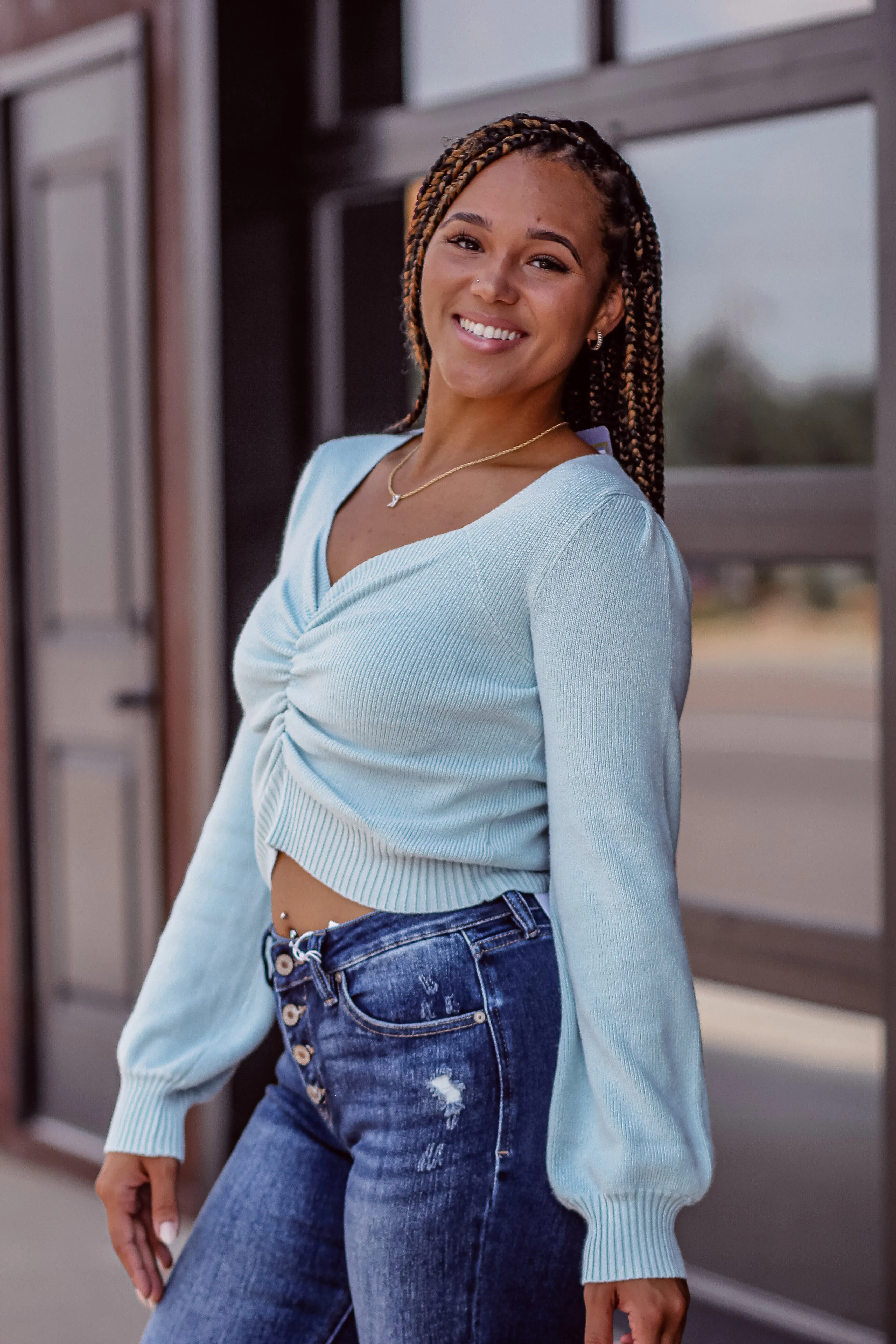 Light Blue Ruched Sweetheart Sweater