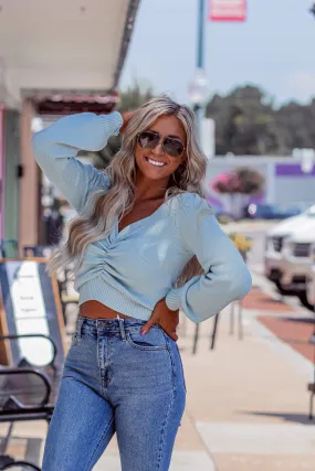 Light Blue Ruched Sweetheart Sweater