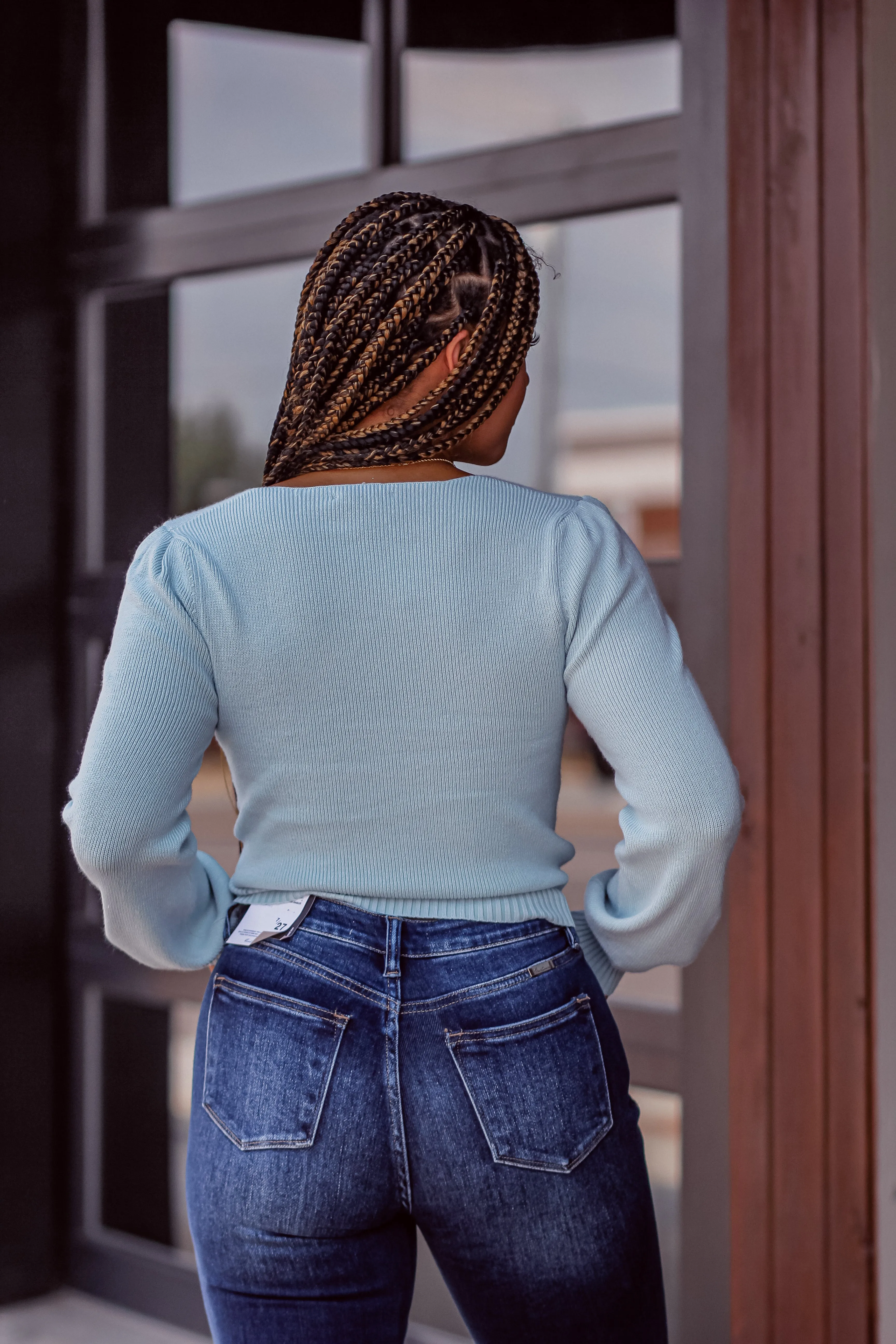 Light Blue Ruched Sweetheart Sweater