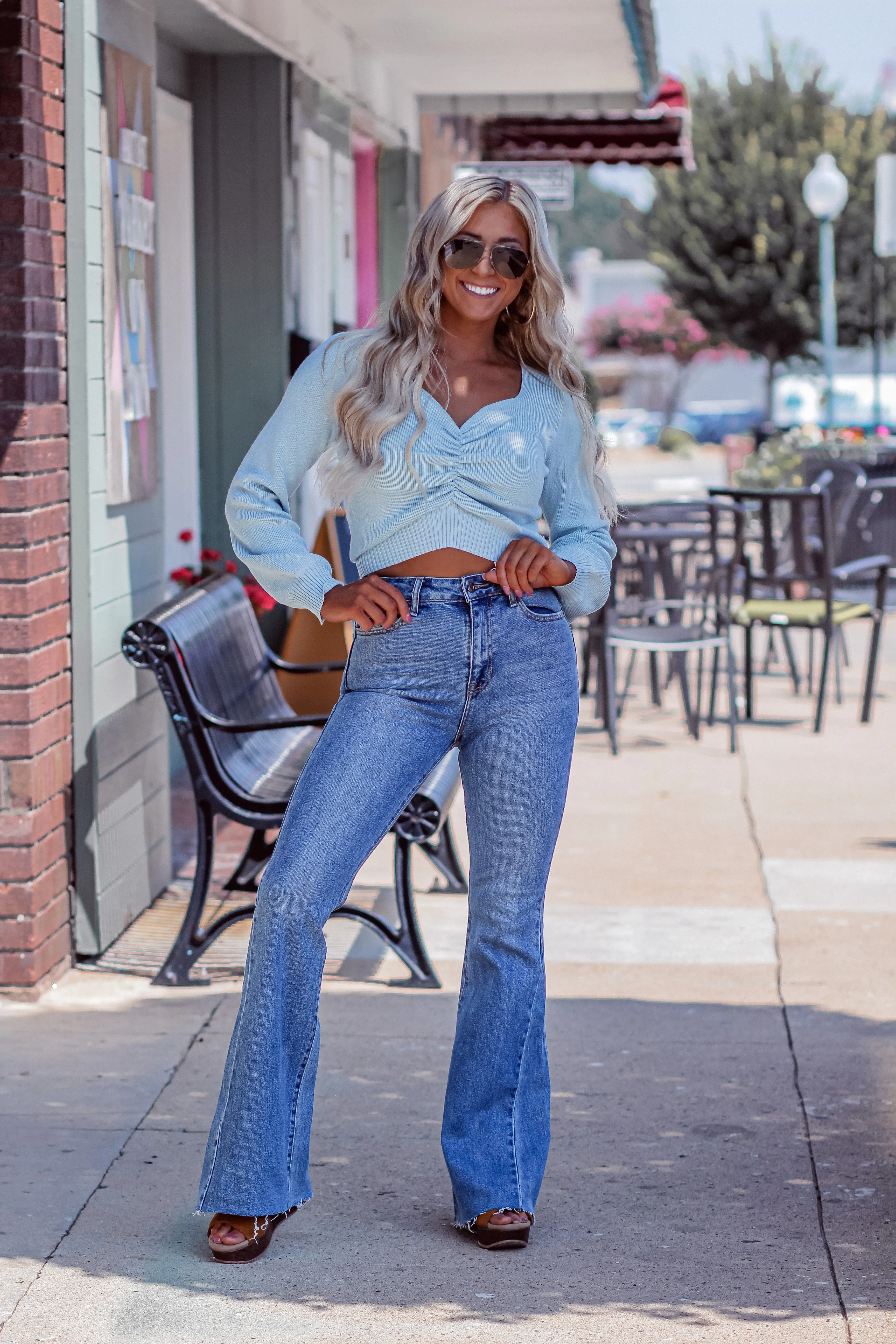 Light Blue Ruched Sweetheart Sweater