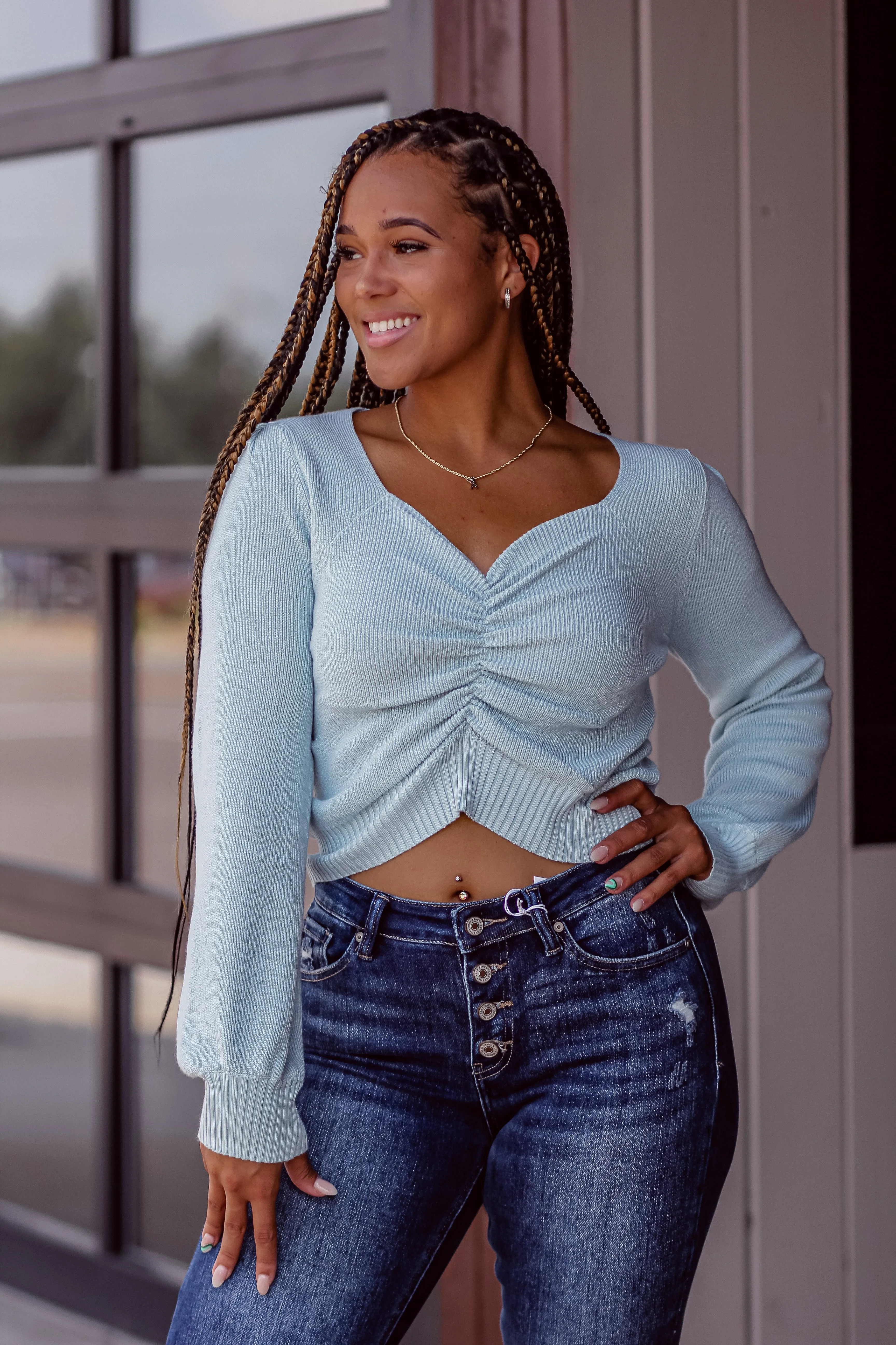 Light Blue Ruched Sweetheart Sweater