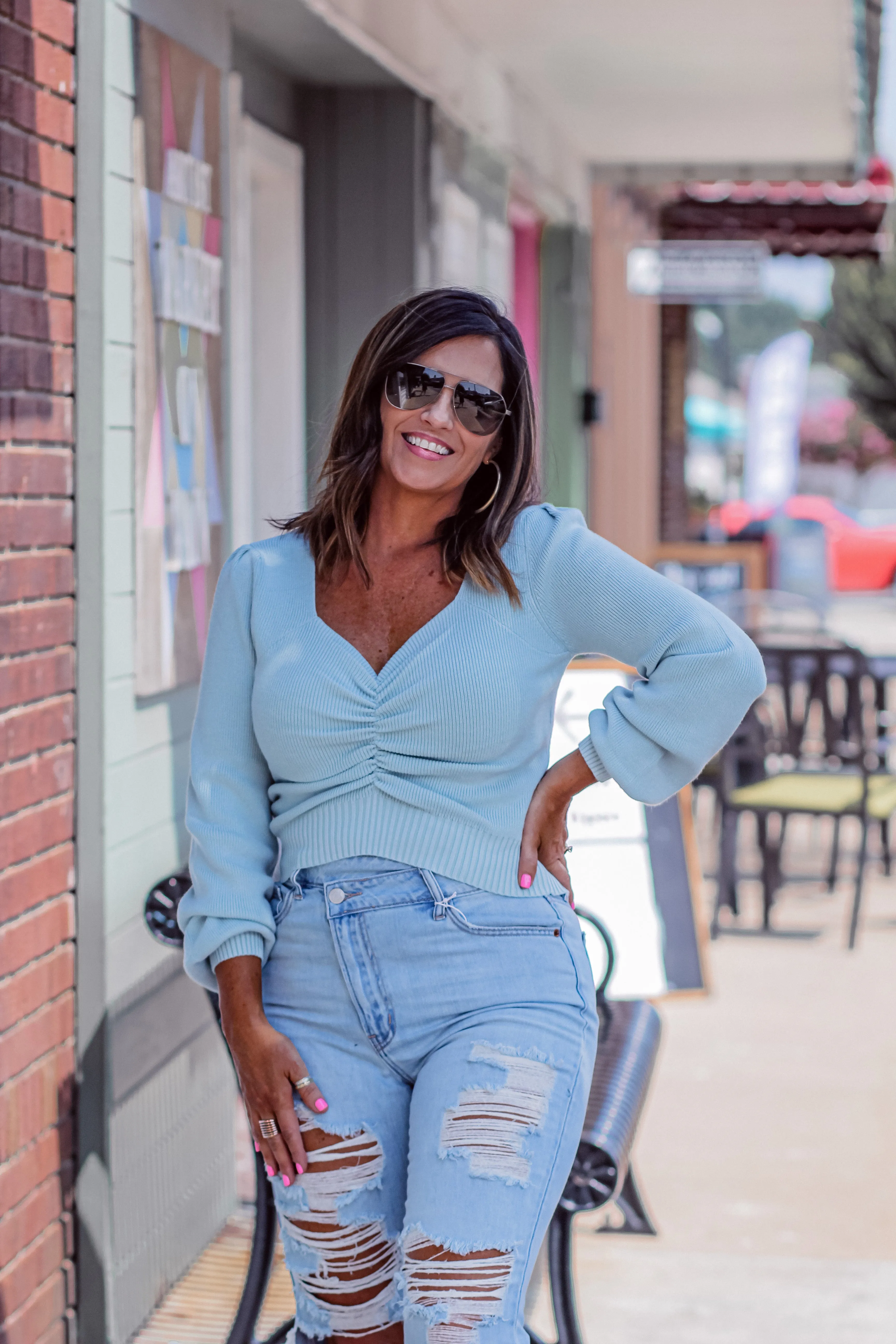 Light Blue Ruched Sweetheart Sweater