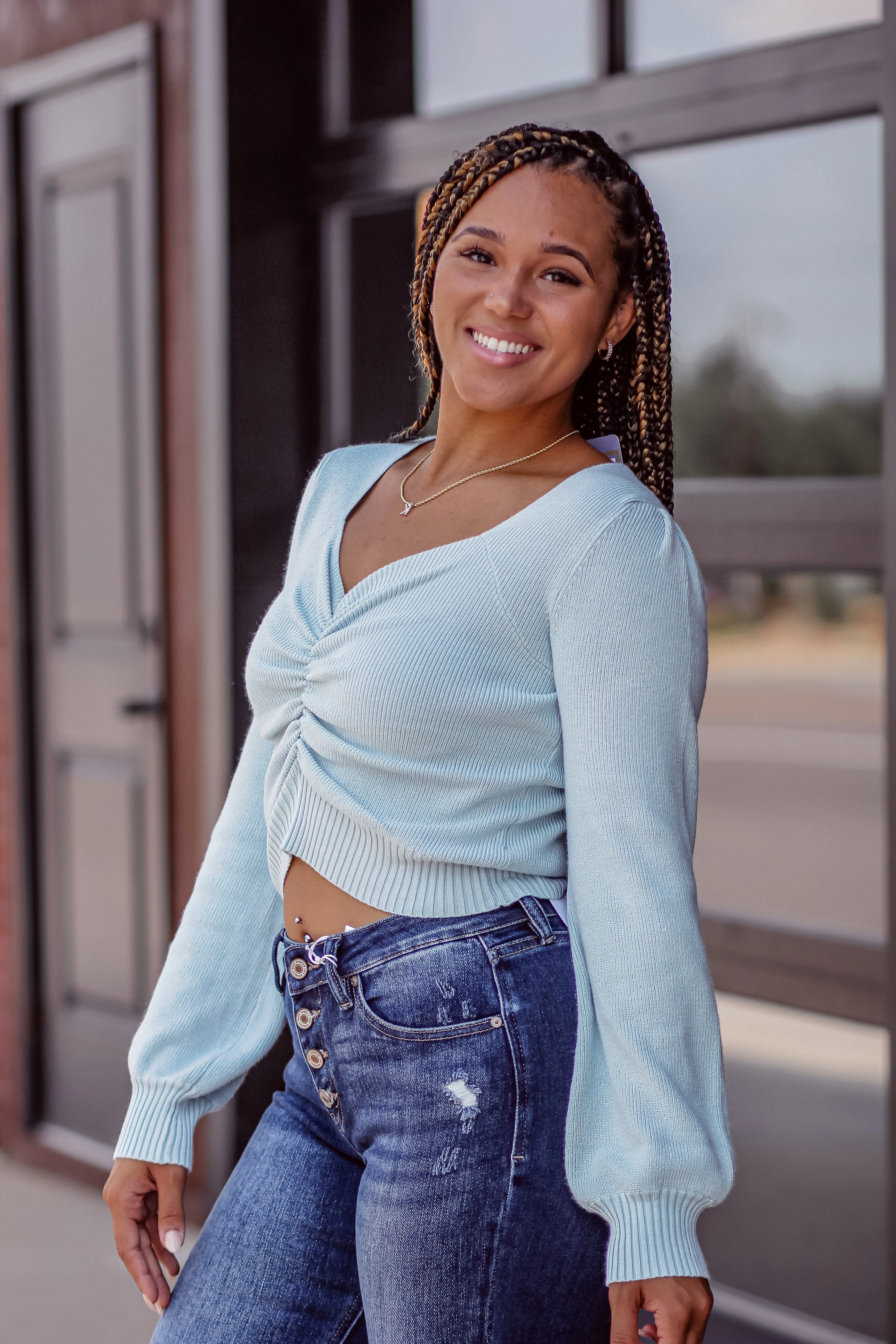Light Blue Ruched Sweetheart Sweater