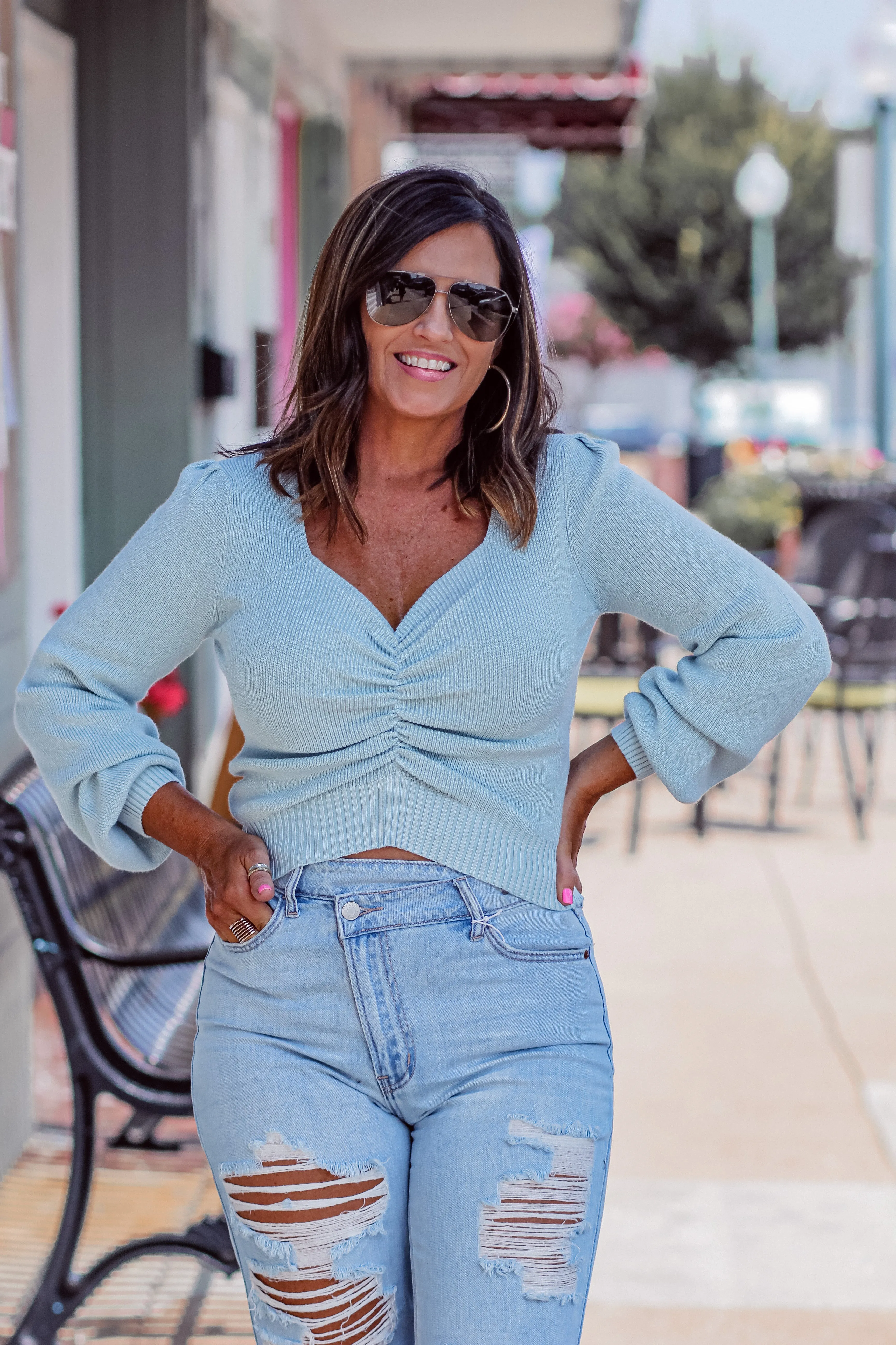 Light Blue Ruched Sweetheart Sweater