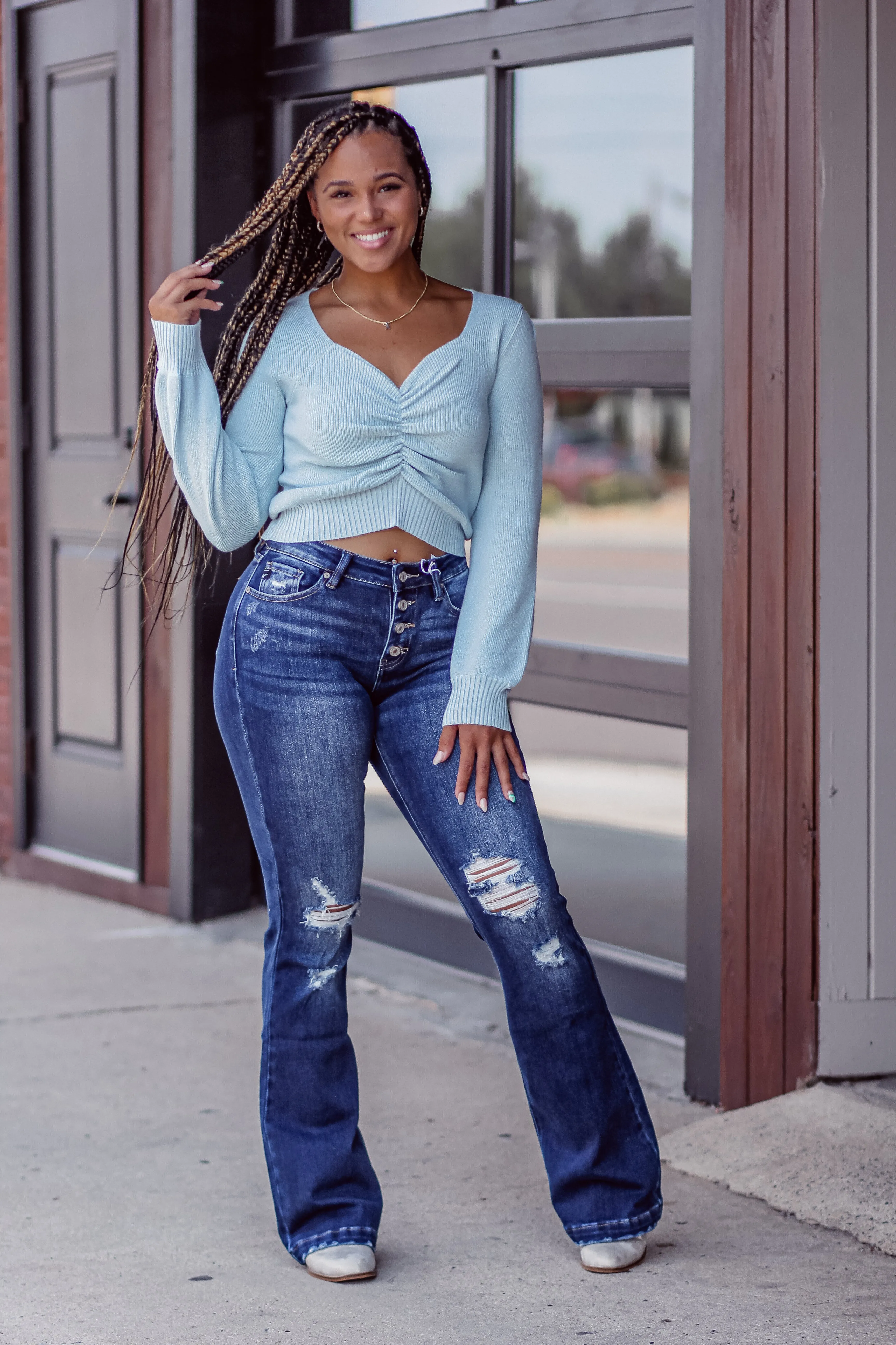 Light Blue Ruched Sweetheart Sweater