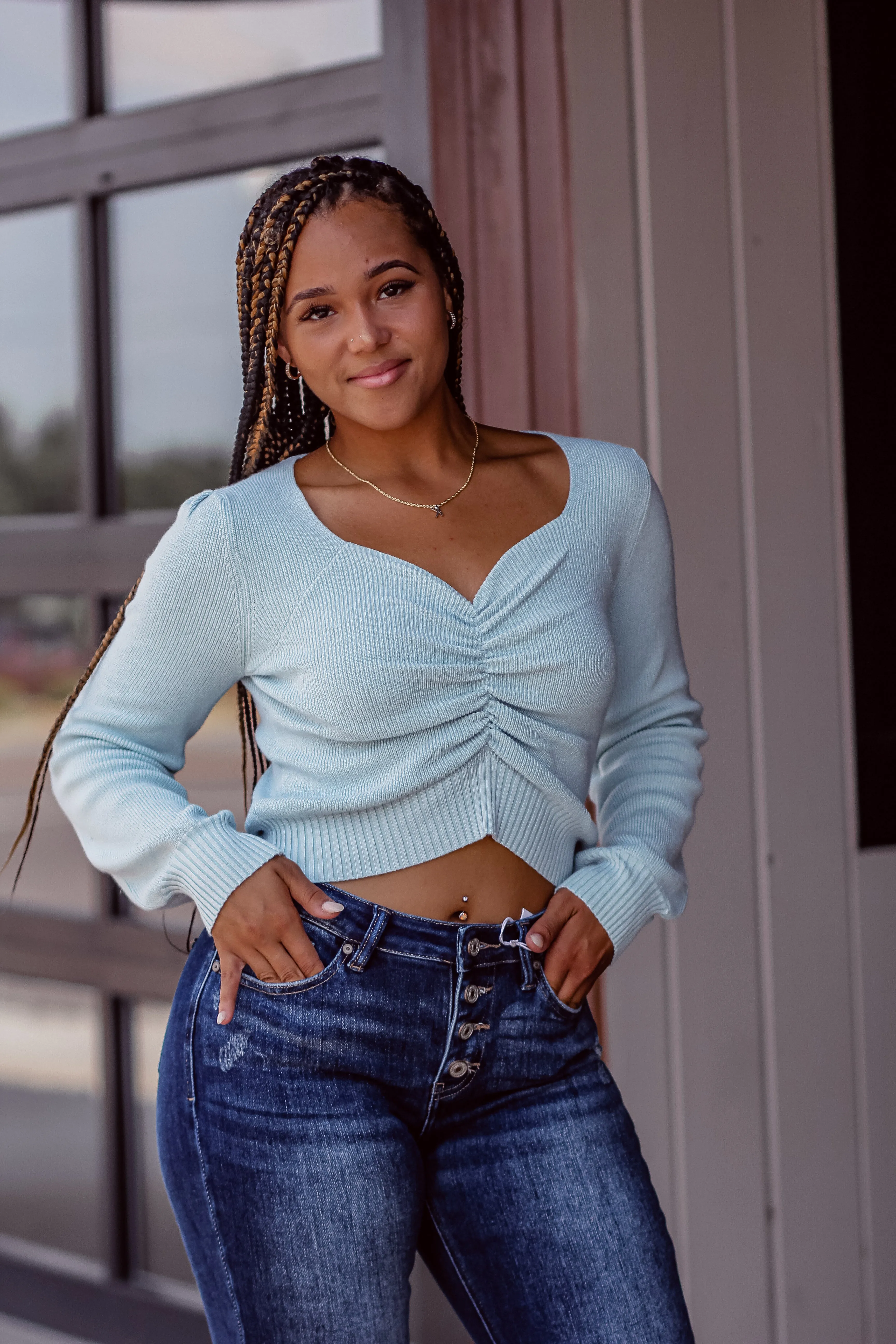 Light Blue Ruched Sweetheart Sweater