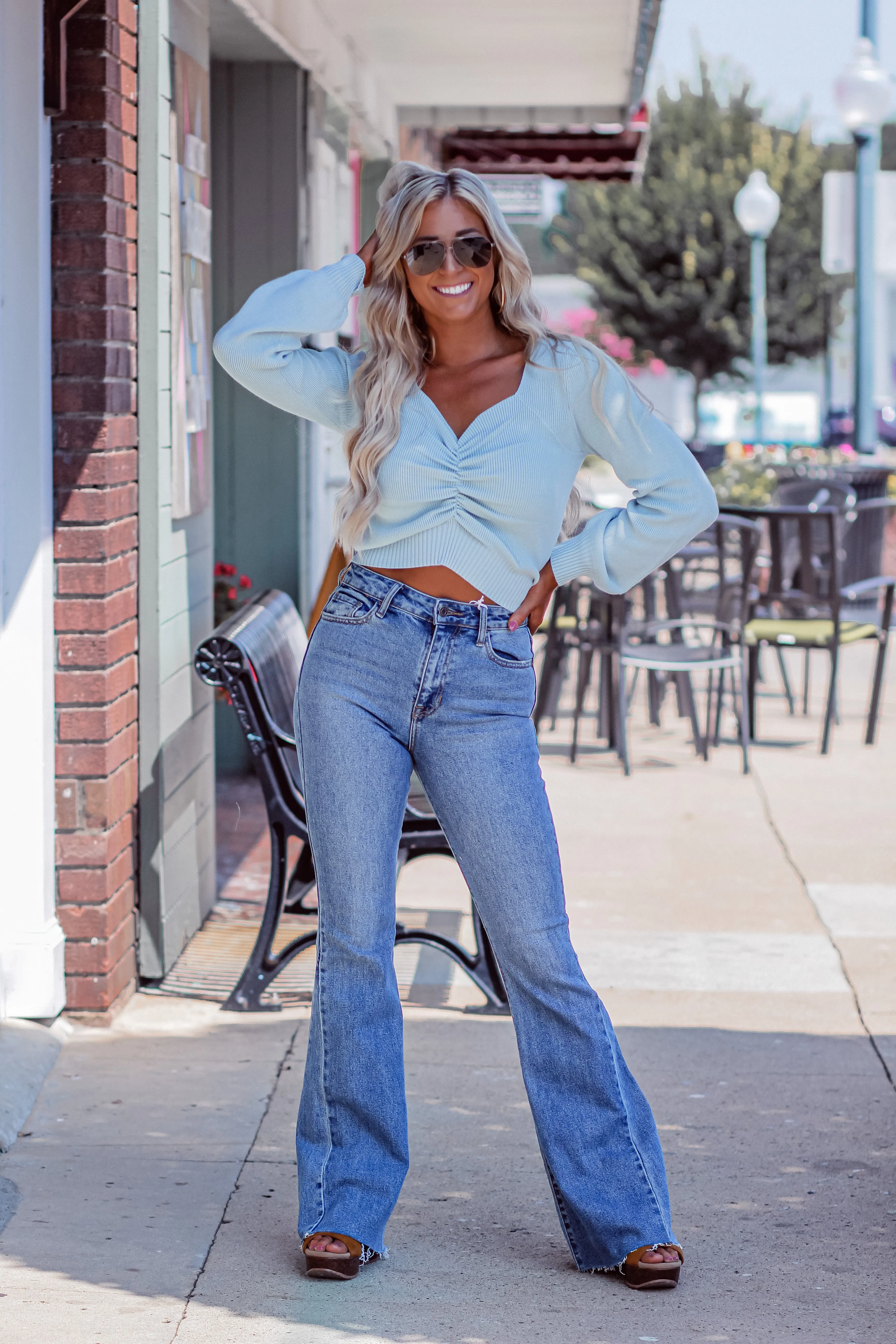 Light Blue Ruched Sweetheart Sweater