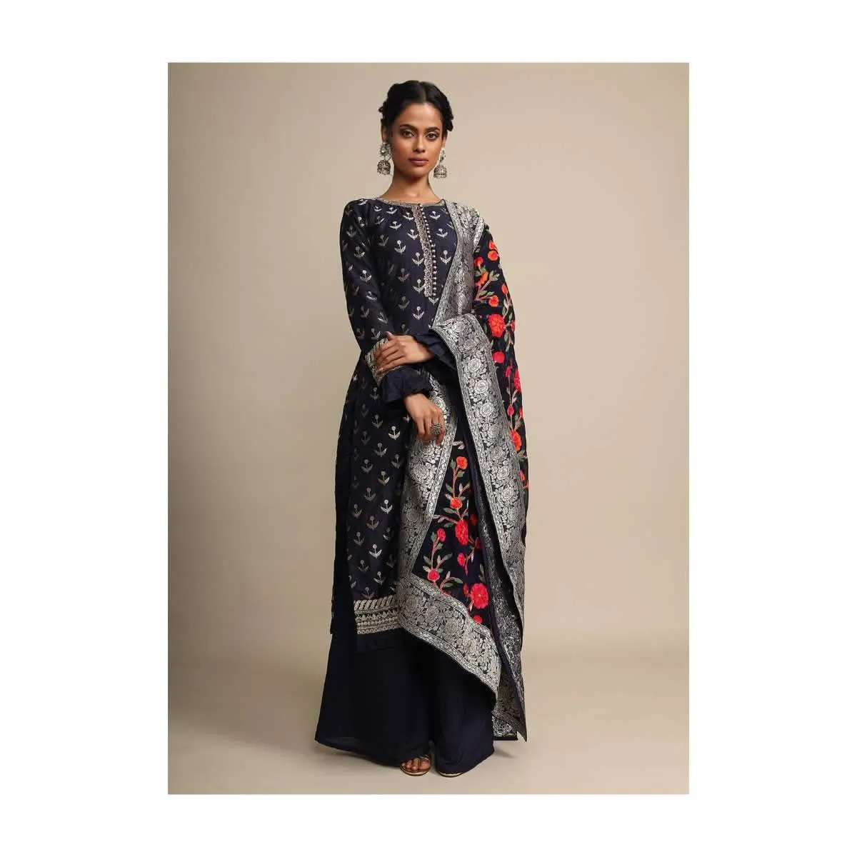 Midnight Blue Palazzo Suit With Weaved Buttis And Dupatta With Colorful Thread Embroidered Floral Jaal