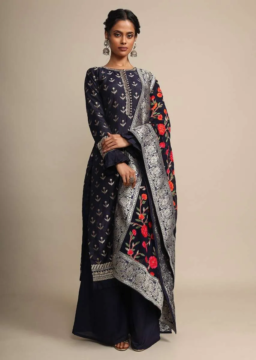 Midnight Blue Palazzo Suit With Weaved Buttis And Dupatta With Colorful Thread Embroidered Floral Jaal