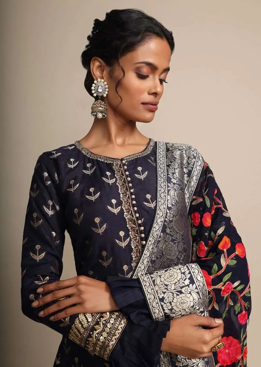 Midnight Blue Palazzo Suit With Weaved Buttis And Dupatta With Colorful Thread Embroidered Floral Jaal