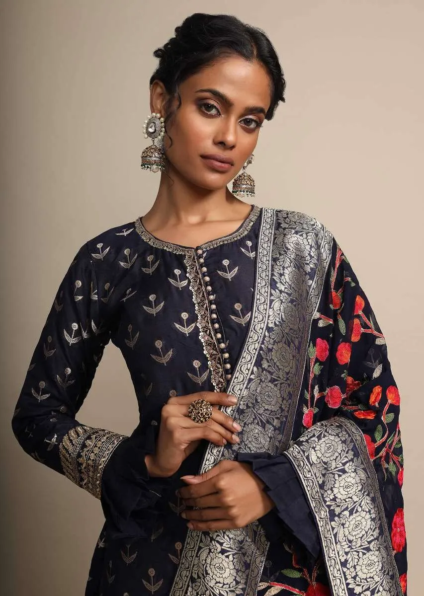 Midnight Blue Palazzo Suit With Weaved Buttis And Dupatta With Colorful Thread Embroidered Floral Jaal